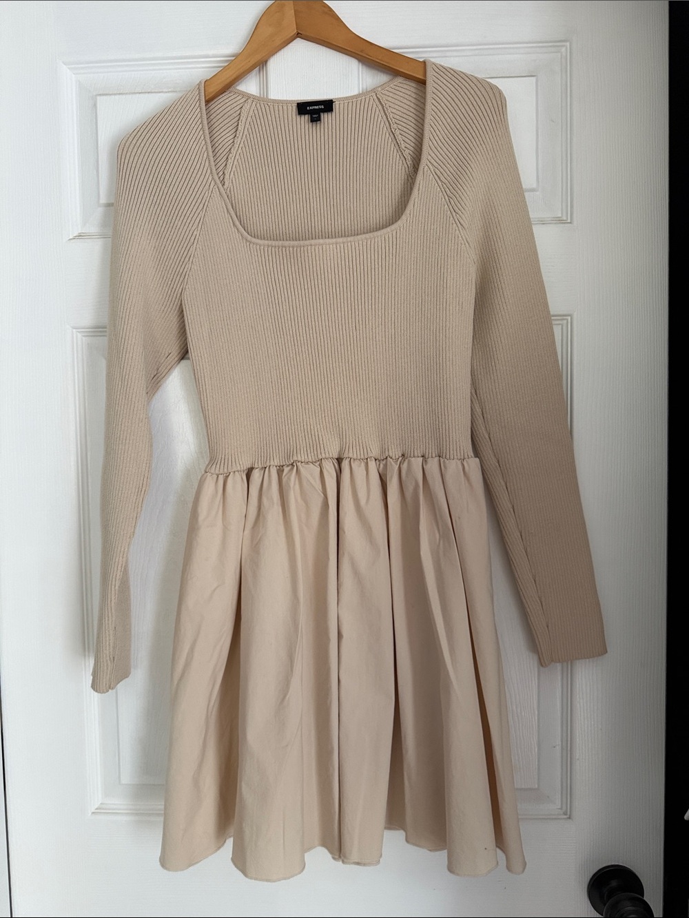 Express Beige Long Sleeve Knit Bodice Skirt Dress
